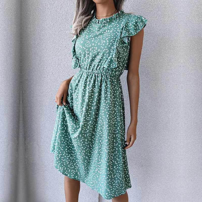 Vintage Ruffles Heart Dot Print Dress